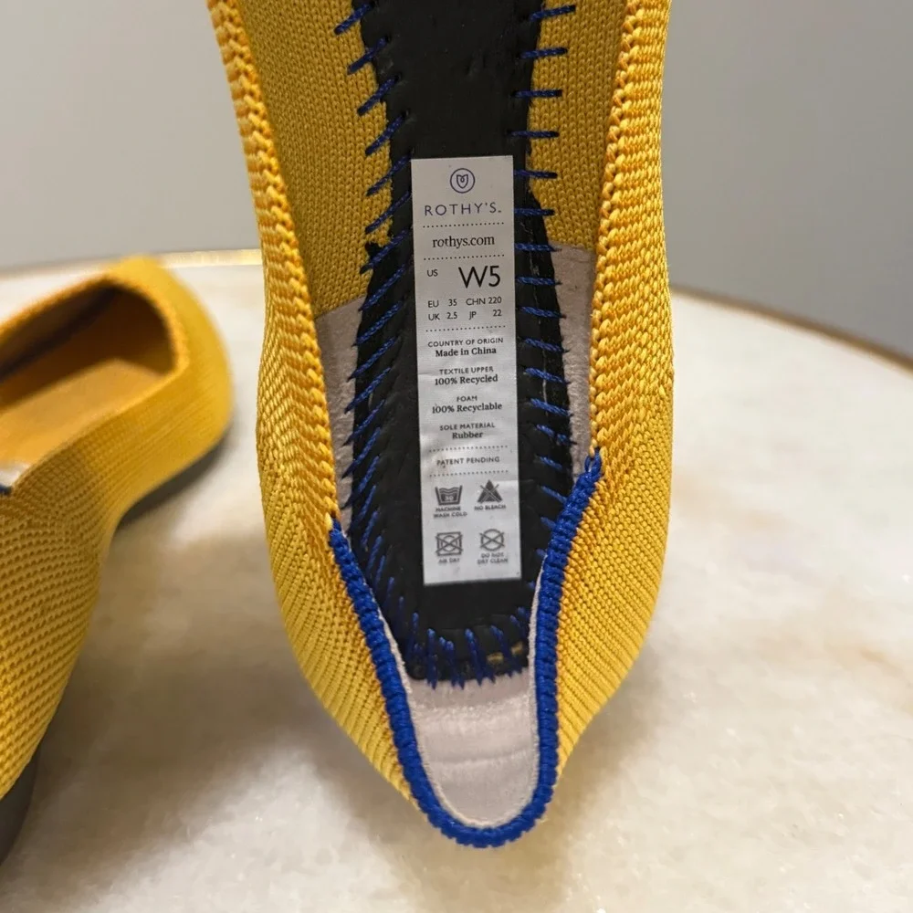 Rothy's The Point Flats Women's Size 5 Mustard Yellow Knit Pointed Toe Shoes - Picture 2 of 6